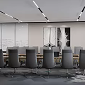 Modern Conference Room Interior Design With Long Wooden Table Gray Chairs And Whiteboards