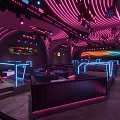 Purple Pink Neon Lit Bar with Wavy Backdrop Wall Sofa Seats and White Tables Stage