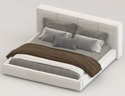 Double Bed with White Upholstered Headboard Gray Sheets Brown Blanket and Striped Checkered Pillows 3d model
