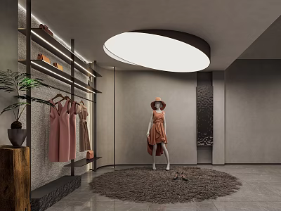 Modern Public Office Space With Open Layout Ergonomic Desks Round Ceiling Lights And Green Plants 3d model