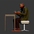 A Man Sitting At Wooden Table Gesturing In Green Jacket Black Scarf And Red Shoes