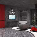 Carnation Exhibition Space With Red Pillars Gray Walls And Display Beds