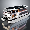 Streamlined Solar Powered Catamaran with Upper Deck Railing and Modern Design