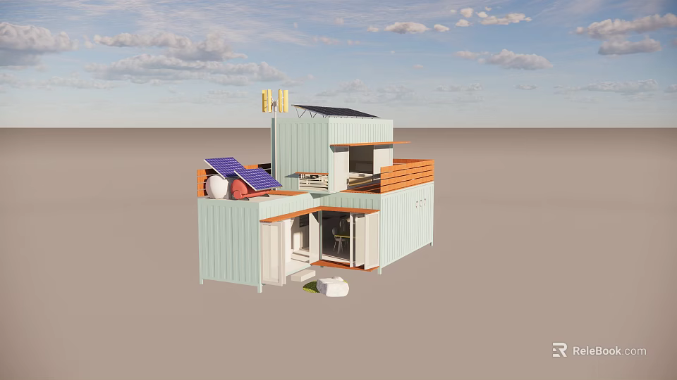 Modern Container Building With Solar Panels And Wooden Balcony Railings 3d model 