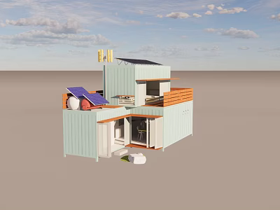 Modern Container Building With Solar Panels And Wooden Balcony Railings 3d model