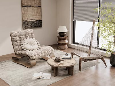 Cozy Woven Leisure Chairs In Modern Living Room With Coffee Table Floor Lamp And Plants 3d model