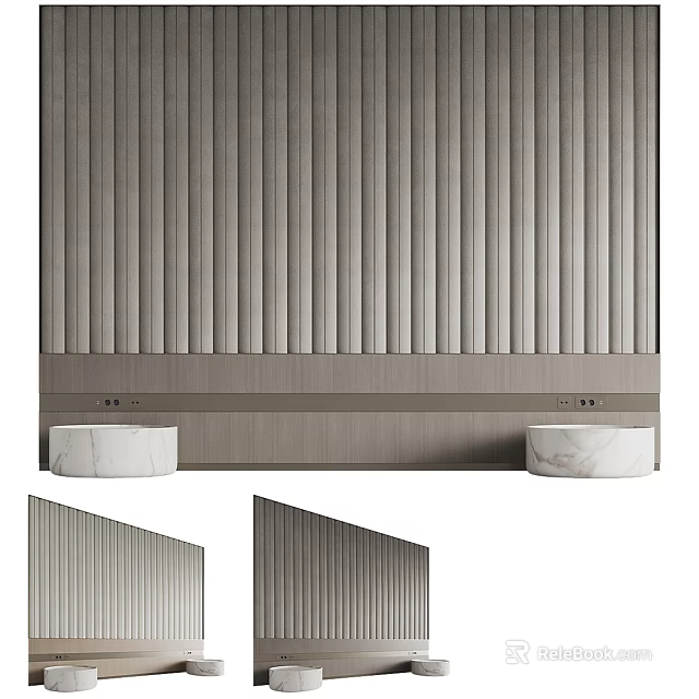 Modern Bedroom Accent Wall With Vertical Paneled Slats And Neutral Gray Tones 3d model 