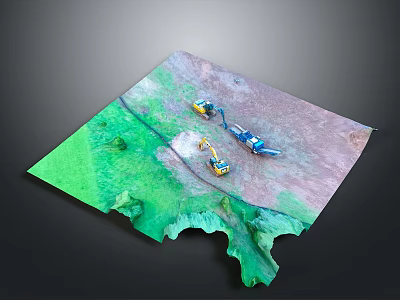 Detailed 3D Terrain Model With Construction Vehicles On Green And Brown Surfaces 3d model