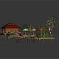 Tropical Island Scene With Wooden House Palm Trees Deck And Round Table