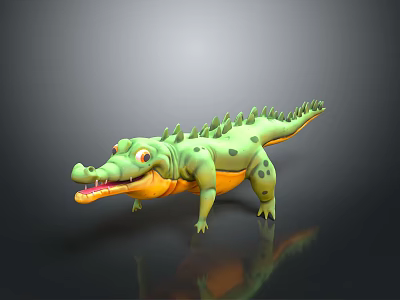 Cartoon 3D Reptile Green Crocodile with Yellow Belly Black Spots and Open Mouth 3d model