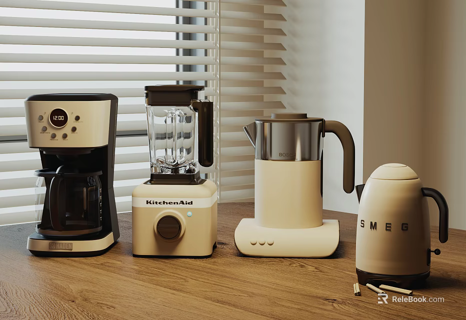 Modern Kitchen Appliances Including Coffeemaker Blender And Kettle On Wooden Countertop With Window Blinds 3d model 