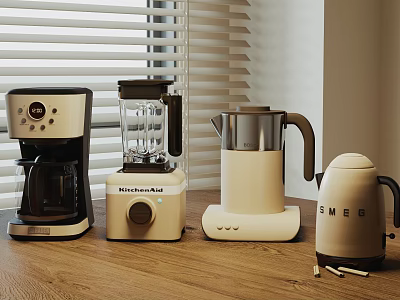 Modern Kitchen Appliances Including Coffeemaker Blender And Kettle On Wooden Countertop With Window Blinds 3d model