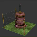 Pink Cylindrical Industrial Structure With Red Poles And Mesh Fence On Green Ground