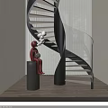 Modern Interior Design With Spiral Staircase Red Sculpture And White Blinds