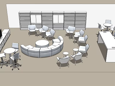 Modern Curved White Sectional Sofa In Lounge With White Chairs And Small Round Tables 3d model