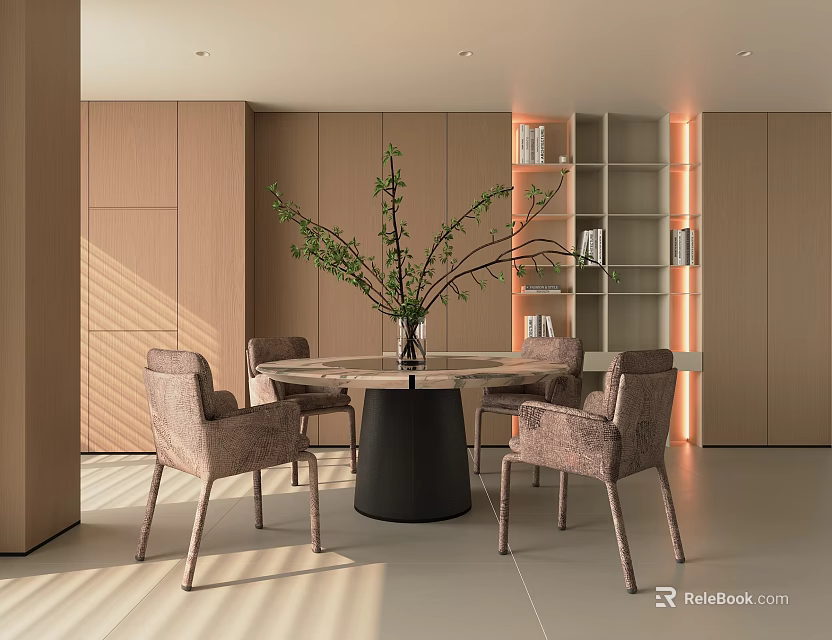 Modern Dining Table Set With Chairs And Decorative Vase In Bright Interior 3d model