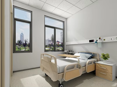 Spacious Hospital Room Interior With Comfortable Bed And City View Through Windows 3d model
