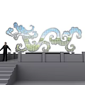 Wave Shaped Cloud Pattern Art Installation With Blue Sky White Clouds Green Mountains Grass Field