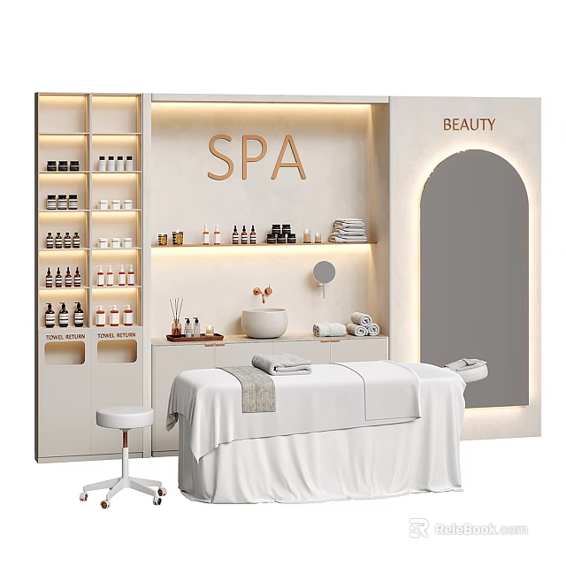 Elegant SPA Beauty Massage Bed in Relaxing Salon with Skincare Products Towels and Mirror 3d model 