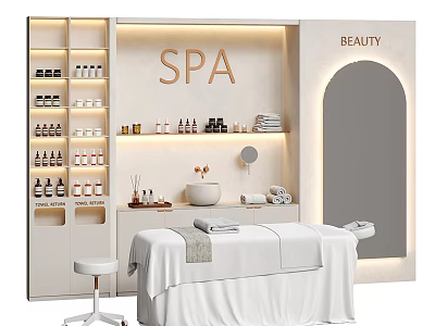 Elegant SPA Beauty Massage Bed in Relaxing Salon with Skincare Products Towels and Mirror 3d model