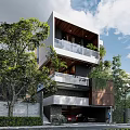 Modern Detached Villa With Wooden Accents Glass Windows Balcony Garage Surrounded by Lush Greenery