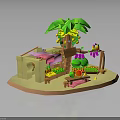 Fresh Assorted Fruits on Wooden Stall with Mango Palm Tree and Vegetables