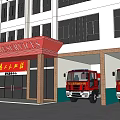 Fire Station Building with Red Fire Trucks and Flag in Front of White Structure