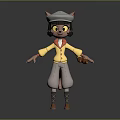 3D Game Movie Character With Cat Ears Wearing Hat Yellow Coat Red Collar Gray Pants
