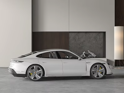 White Sports Coupe Car In Modern Indoor Space With Wooden Panel Gray Wall And Floor Lamp 3d model