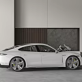 White Sports Coupe Car In Modern Indoor Space With Wooden Panel Gray Wall And Floor Lamp