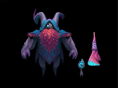 Mythical Horned Character And Creature In Feathered Attire With Magic Staff And Glowing Orb 3d model