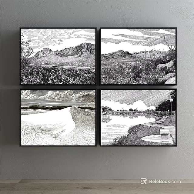 Black and White Landscape Paintings With Mountain Field River And Road Scenic Views 3d model 