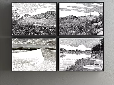 Black and White Landscape Paintings With Mountain Field River And Road Scenic Views 3d model