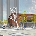Modern Red Brick Building With Glass Facade In Urban Plaza With Trees And People