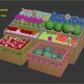Fresh Fruits Display in Wooden Crates with Strawberries Watermelons Pineapples Oranges and Cherries