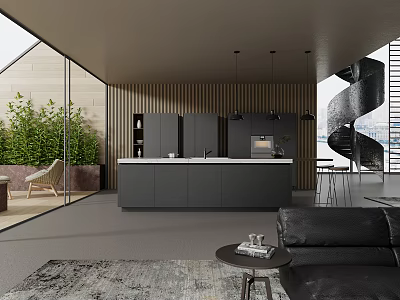 Modern Kitchen Interior With Island Counter Dark Cabinets Hanging Lights And Large Windows Greenery View 3d model