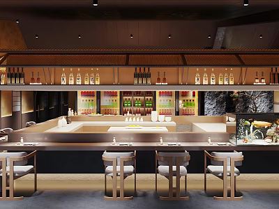 Japanese Restaurant Interior With Sushi Counter Wooden Seats And Hanging Wine Bottles Menu Boards 3d model
