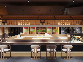 New Chinese Japanese Style Japanese Food Restaurant Sushi Restaurant Ibuya Japanese Sushi Japanese Chair Combination Sushi Restaurant Console Fish Tank Daily Wine Bottle 3d model