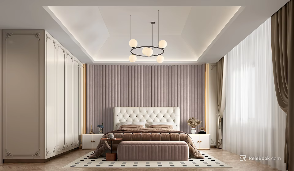 Modern Bedroom Interior With White Wardrobes Purple Striped Wall White Headboard And Beige Bench 3d model 