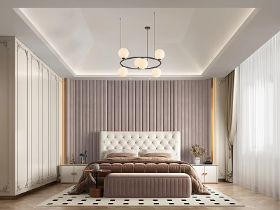 Modern Bedroom Interior With White Wardrobes Purple Striped Wall White Headboard And Beige Bench 3d model