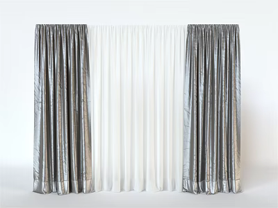 Gray And White Layered Curtains With Sheer Panels For Window Decoration 3d model
