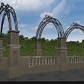 Ornate Pergola Structure With Stone Columns Wrought Iron Arches Detailed Railings And Green Trees