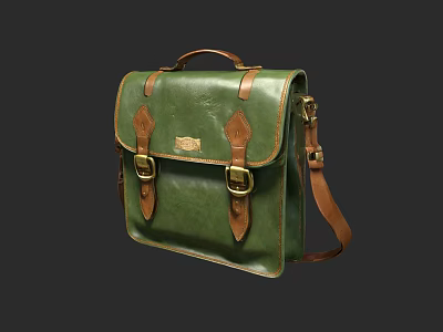 Green Leather Messenger Bag With Brown Accents And Adjustable Shoulder Strap 3d model