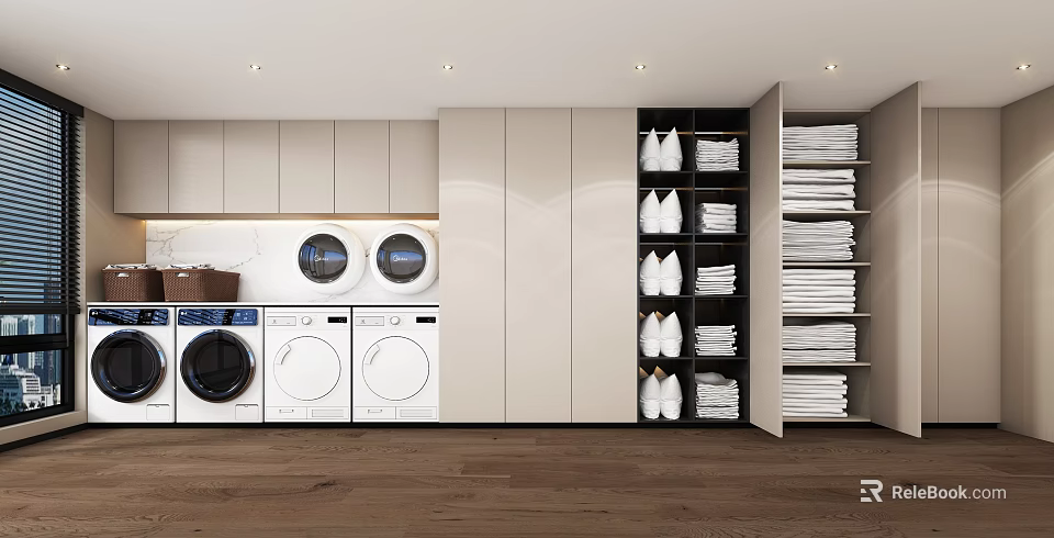 Modern Laundry Room Interior With Washing Machines Dryers And Folded Laundry Storage Shelves With Shoes 3d model 