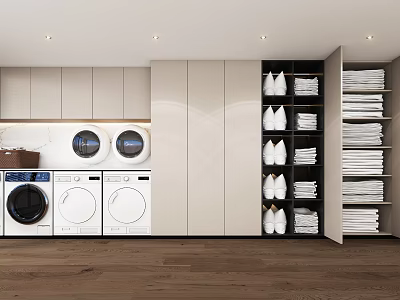 Modern Laundry Room Interior With Washing Machines Dryers And Folded Laundry Storage Shelves With Shoes 3d model
