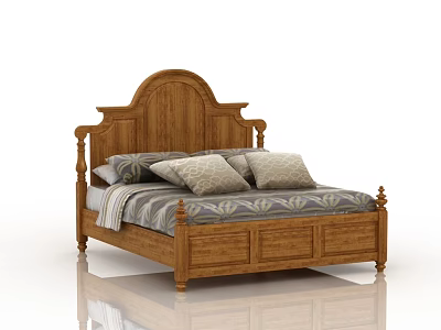 Classic Wooden Double Bed With Carved Headboard Patterned Bedspread And Pillows 3d model