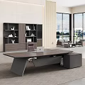 Modern Wooden Office Desk With Black Frame Laptop Bookshelf And Lake View Through Large Windows