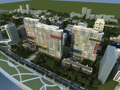 Aerial View Urban Planning With High Rise Buildings Green Areas And Waterfront 3d model