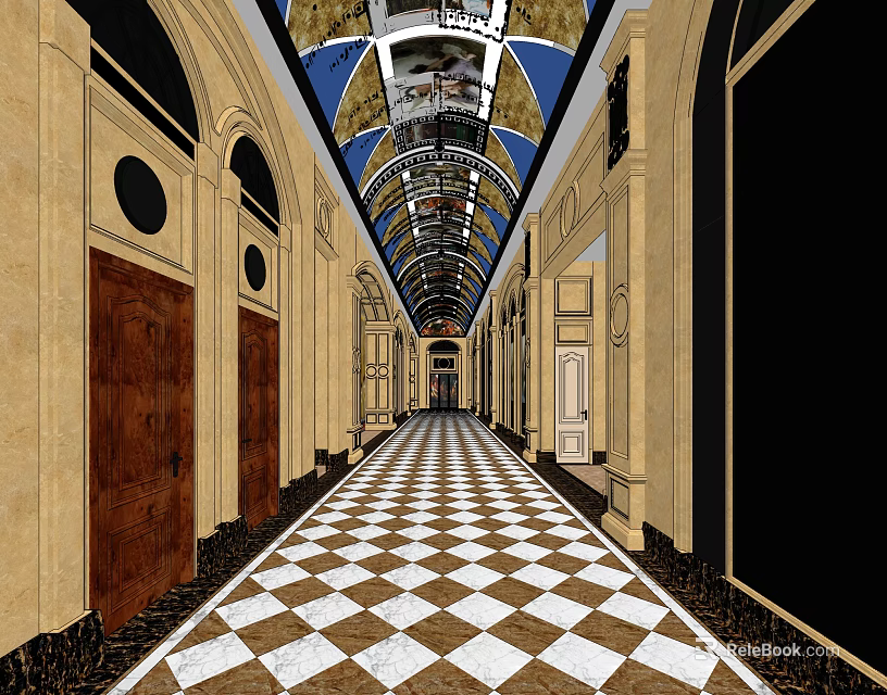 KTV Corridor Interior Design With Beige Walls Arched Doors And Checkered Floor 3d model 