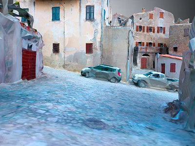 Ancient Small Town Scenery With Cobblestone Street Old Buildings Red Doors And Windows Parked Cars 3d model